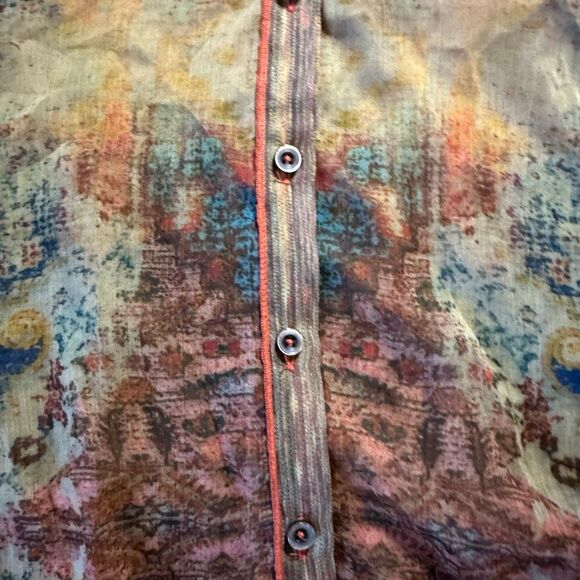 Soft Surroundings sheer watercolor geometric print button-up blouse 2x - Picture 4 of 10